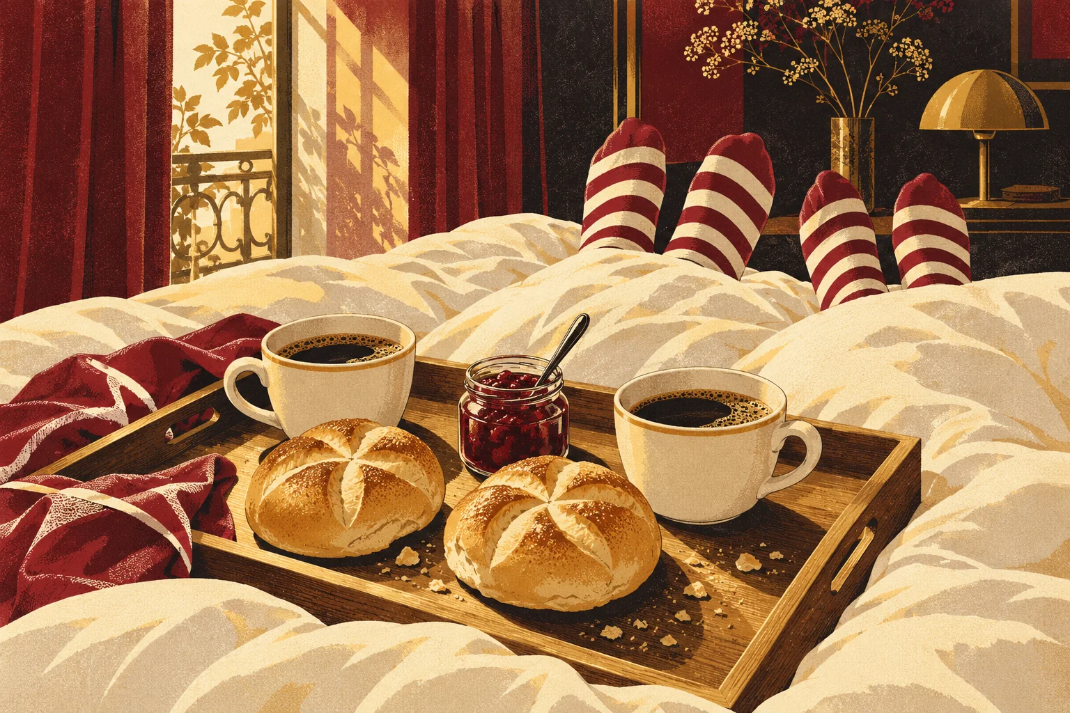 Illustration: Ein Frühstückstablett mit zwei Kaffeetassen und zwei Semmeln auf der Tuchent, am Bettende schauen gestreifte Socken hervor.