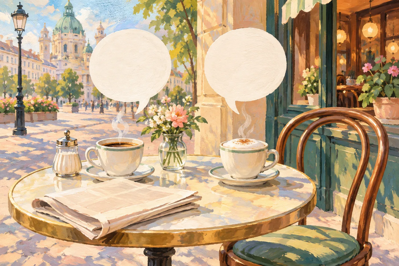Zwei Kaffeetassen mit leeren Sprechblasen vor einem Wiener Kaffeehaus
